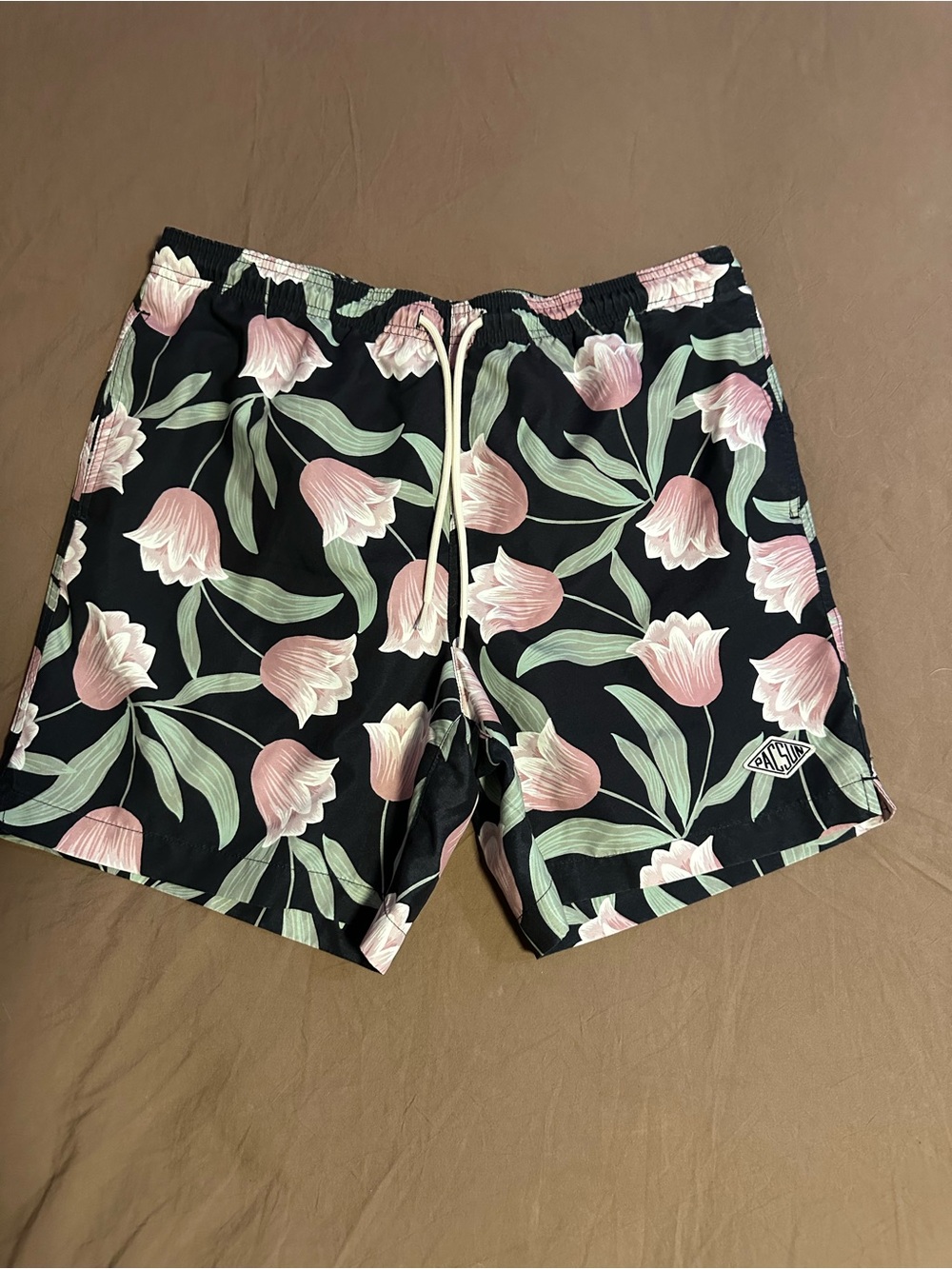 Pacsun Tulips 17" Swim Trunks Men's Black Floral Swim Shorts with Pink Tulips